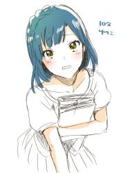 Rule 34 | 1girl, blue hair, book, braid, buttons, collarbone, commentary request, eyelashes, highres, holding, holding book, idolmaster, idolmaster million live!, light blush, looking at viewer, nanao yuriko, open mouth, partially colored, puffy sleeves, raised eyebrows, shirt, short hair, simple background, single braid, sketch, skirt, solo, t-shirt, upper body, wavy mouth, white background, witoi (roa), yellow eyes