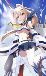 Rule 34 | 1girl, ayanami (azur lane), azur lane, bare shoulders, belt, blonde hair, blue skirt, blush, breasts, brown eyes, collar, commentary request, crop top, day, detached sleeves, expressionless, hair between eyes, headgear, highres, leg up, long hair, long sleeves, looking at viewer, manjirou (manji illust), medium breasts, midriff, miniskirt, navel, no bra, outdoors, pleated skirt, ponytail, red eyes, rigging, skindentation, skirt, solo, standing, standing on one leg, thighhighs, turret, underboob, very long hair, white belt, white thighhighs, wide sleeves