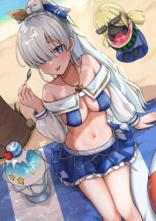 Rule 34 | 1girl, absurdres, anastasia (fate), anastasia (swimsuit archer) (fate), anastasia (swimsuit archer) (third ascension) (fate), bare shoulders, beach, bikini, blue bikini, blue eyes, blue skirt, blush, bow, breasts, cleavage, collarbone, doll, fate/grand order, fate (series), food, fruit, hair bow, hair over one eye, hairband, highres, iro (boo iro), jewelry, large breasts, long hair, long sleeves, looking at viewer, miniskirt, necklace, ponytail, puffy long sleeves, puffy sleeves, shaved ice, shore, silver hair, sitting, skirt, smile, spoon, swimsuit, thighs, tongue, tongue out, very long hair, viy (fate), watermelon, watermelon slice