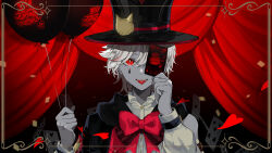 Rule 34 | 1boy, absurdres, androgynous, artist name, balloon, black background, black cape, black hat, bow, bowtie, buttons, cape, card, cat hat ornament, character print, confetti, covering one eye, curtains, fang, fangs, genshin impact, gradient background, grey hair, hair between eyes, hands up, hat, hat ornament, heart, heart print, highres, holding, holding balloon, holding card, long sleeves, looking at viewer, lyney (genshin impact), male focus, open mouth, playing card, puffy long sleeves, puffy sleeves, red background, red bow, red bowtie, red eyes, shirt, short hair, solo, sparkle, teardrop facial mark, teeth, tongue, tongue out, top hat, upper body, uwie, watermark, white shirt
