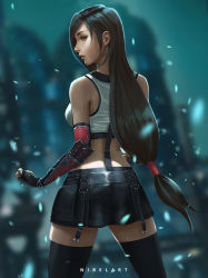 Rule 34 | 1girl, arm guards, black hair, black skirt, black thighhighs, blurry, blurry background, brown eyes, clenched hands, crop top, earrings, elbow gloves, final fantasy, final fantasy vii, final fantasy vii remake, fingerless gloves, gloves, jewelry, long hair, looking at viewer, looking back, low-tied long hair, nibelart, parted lips, skirt, solo, standing, tank top, thighhighs, tifa lockhart, undershirt