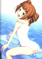 Rule 34 | 1girl, absurdres, ass, bare shoulders, blush, brown hair, from above, from behind, green eyes, highres, idolmaster, idolmaster (classic), inflatable dolphin, inflatable toy, long hair, looking at viewer, looking back, looking up, one-piece swimsuit, open mouth, pool, school swimsuit, sitting, smile, solo, straddling, swimsuit, takatsuki yayoi, tanaka shoutarou, twintails, water, wet, white school swimsuit, white one-piece swimsuit