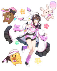 Rule 34 | 1girl, :d, absurdres, ahoge, alternate costume, animal hood, anri mike, assault rifle, asymmetrical legwear, badge, bear pin, belt, blue eyes, blunt bangs, bow, brown hair, button badge, candy, cellphone, choker, coat, cotton candy, counter:side, cross-laced footwear, drawstring, drink, food, frilled coat, frills, frog, full body, gun, hair ornament, hat, headphones, headphones around neck, highres, holding, holding drink, holding food, holding gun, holding phone, holding stick, holding weapon, hood, hood down, hooded shirt, charm (object), large bow, leaning forward, leg up, lollipop, long sleeves, mismatched legwear, off-shoulder coat, off shoulder, open mouth, phone, pink legwear, pink shorts, pixelated, purple legwear, rabbit, rabbit hair ornament, rabbit hood, rabbit pin, rifle, rubber duck, shirt, shoes, short hair with long locks, short shorts, shorts, sidelocks, simple background, smartphone, smile, sneakers, socks, stick, stuffed animal, stuffed toy, tassel, teddy bear, v-shaped eyebrows, weapon, white background, white coat, white shirt, yang harim