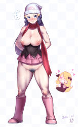 Rule 34 | 2017, 2girls, adapted costume, bad id, bad pixiv id, bare shoulders, beanie, black shirt, blouse, blue hair, blush, boots, bottomless, breasts, checkered background, chibi, chibi inset, cleavage, colored skin, creatures (company), cynthia (pokemon), dated, dawn (pokemon), female pubic hair, full body, game freak, hair over one eye, hat, heart, heart-shaped eyes, heart-shaped pupils, ikuchan kaoru, interlocked fingers, inverted nipples, large breasts, legs apart, long hair, looking at viewer, md5 mismatch, multicolored skin, multiple girls, nintendo, nipples, no bra, no panties, own hands together, pokemon, pokemon dppt, pubic hair, puff of air, resolution mismatch, scarf, shirt, signature, simple background, smile, solo focus, standing, symbol-shaped pupils, thighs, translation request, undersized clothes, white background, white hat