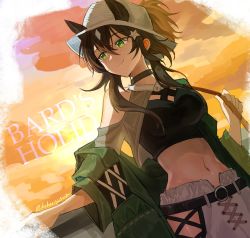 Rule 34 | 1girl, animal ears, arknights, backlighting, bare shoulders, belt, belt buckle, black choker, blush, breasts, brown hair, buckle, choker, closed mouth, coat, commentary request, crop top, ears through headwear, evening, green coat, green eyes, green hair, hair between eyes, hair ornament, highres, horse ears, kobarisusuz, long hair, long sleeves, looking away, looking to the side, medium breasts, meteor (arknights), meteor (bard&#039;s holiday) (arknights), multicolored hair, navel, off shoulder, official alternate costume, open clothes, open coat, orange sky, outdoors, pants, short ponytail, sidelocks, sky, smile, solo, star (symbol), star hair ornament, stomach, sunlight, sunset, twitter username, two-tone hair, white headwear, white pants