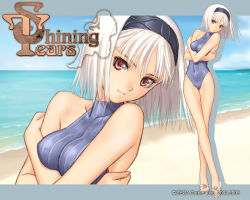 Rule 34 | 1girl, bare shoulders, beach, blanc neige, blue one-piece swimsuit, breast hold, breasts, casual one-piece swimsuit, closed mouth, copyright name, covered collarbone, crossed arms, dated, day, female focus, full body, hairband, halterneck, head tilt, leaning to the side, legs, legs together, letterboxed, looking at viewer, navel, nose, ocean, official art, official wallpaper, one-piece swimsuit, outdoors, parted bangs, pink eyes, projected inset, sandals, sega, shining (series), shining tears, short hair, skin tight, smile, solo, standing, swimsuit, tony taka, turtleneck, wallpaper, white hair