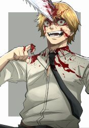 Rule 34 | 1boy, black necktie, blonde hair, blood, blood on clothes, blood on face, blood on hands, brown eyes, chainsaw, chainsaw man, constricted pupils, crazy eyes, crazy smile, denji (chainsaw man), highres, male focus, necktie, open mouth, pull cord, rinneko art, smile, solo, upper body