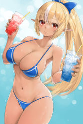 Rule 34 | 1girl, :/, bikini, blonde hair, blue bikini, blue bow, bow, breasts, closed mouth, cowboy shot, cup, dark-skinned female, dark elf, dark skin, disposable cup, drinking straw, elf, groin, hair bow, highres, holding, holding cup, hololive, ice, ice cube, incoming drink, kntrs (knyrs), large breasts, long hair, looking at viewer, multicolored hair, navel, pointy ears, ponytail, red eyes, shiranui flare, skindentation, solo, stomach, streaked hair, swimsuit, thighs, very long hair, virtual youtuber, white hair