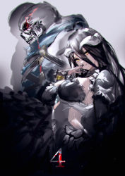 Rule 34 | 1boy, 1girl, ainz ooal gown, albedo (overlord), black dress, black hair, black nails, breasts, covering own mouth, dress, drop shadow, fingernails, glowing, glowing eyes, hand over own mouth, highres, horns, juliet sleeves, large breasts, long hair, long sleeves, looking at viewer, nail polish, official art, overlord (maruyama), parted lips, puffy sleeves, skeleton, skull, slit pupils, smile, so-bin, yellow eyes