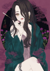 Rule 34 | 1girl, absurdres, aqua jacket, black background, black hair, bracelet, cigarette, cigarette holder, commentary, cowboy shot, earrings, flower, fur jacket, hair over one eye, hand up, highres, holding, holding cigarette, jacket, jewelry, leg tattoo, crossed legs, long hair, looking at viewer, medibang paint (medium), nail polish, off shoulder, one eye covered, original, outside border, oval, oval background, parted lips, pink shirt, purple flower, purple nails, red background, seal impression, shirt, shoulder tattoo, signature, sitting, smoke, smoking, snake tattoo, solo, tattoo, thistle, ushiyama ame, wavy hair, yellow eyes