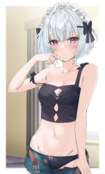 Rule 34 | 1girl, :o, absurdres, bad id, bad twitter id, bare shoulders, black bow, black bra, black panties, blush, bow, bra, breasts, cleavage, collarbone, frilled hairband, frills, hair bow, hairband, highres, izumi kei, looking at viewer, midriff, navel, off shoulder, open fly, original, panties, purple eyes, short hair, shorts, solo, stomach, unbuttoned, underwear, white hair
