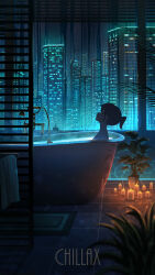 Rule 34 | 1girl, absurdres, bathroom, bathtub, blue theme, building, candle, city lights, closed eyes, closed mouth, curtains, english text, highres, indoors, neon lights, night, original, pasoputi, plant, ponytail, potted plant, rubber duck, scenery, short hair, sitting, skyscraper, solo, steam, towel, towel rack, window