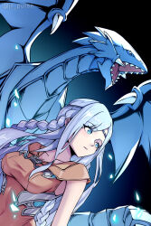 1girl absurdres blue-eyes_white_dragon blue_eyes blue_hair braid breasts brown_dress cleavage collarbone dragon dress duel_monster gradient_background highres jrpulse large_breasts light_blue_hair long_hair maiden_with_eyes_of_blue sharp_teeth side_braids teeth yu-gi-oh!