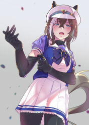 Rule 34 | 1girl, absurdres, adapted costume, animal ears, black gloves, black pantyhose, bow, brown hair, cheval grand (umamusume), commentary request, cowboy shot, doushi tatsu to dekkai no, ear covers, elbow gloves, gloves, grey background, hair between eyes, hat, highres, horse ears, horse girl, horse tail, looking at viewer, multicolored hair, open mouth, pantyhose, peaked cap, petticoat, pleated skirt, puffy short sleeves, puffy sleeves, purple bow, purple shirt, sailor collar, school uniform, shirt, short sleeves, simple background, skirt, solo, streaked hair, summer uniform, tail, tracen school uniform, umamusume, white hair, white hat, white skirt