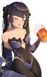 Rule 34 | 1girl, alcohol, bare shoulders, beer, beer mug, black gloves, black hair, black legwear, black ribbon, breasts, closed eyes, collarbone, commentary, covered navel, cup, detached sleeves, eungi, genshin impact, gloves, hair ribbon, hand up, hat, highres, holding, holding cup, leotard, light blush, medium breasts, mona (genshin impact), mug, purple hat, purple leotard, ribbon, simple background, solo, strapless, strapless leotard, thighs, unworn hat, unworn headwear, white background, witch hat