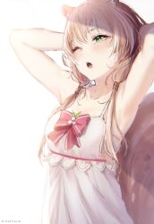 Rule 34 | 1girl, animal ear fluff, animal ears, armpits, arms behind head, ayunda risu, ayunda risu (1st costume), biittertaste, blush, bow, breasts, brown hair, camisole, collarbone, dress, frilled dress, frills, green eyes, hair between eyes, highres, hololive, hololive indonesia, medium breasts, one eye closed, open mouth, pink bow, solo, squirrel ears, squirrel girl, squirrel tail, stretching, tail, twintails, upper body, virtual youtuber