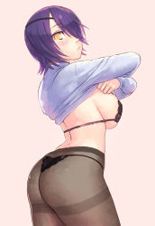 Rule 34 | 10s, 1girl, ass, black bra, black panties, blush, bra, breasts, clothes lift, contrapposto, eyepatch, female focus, gradient background, hair over one eye, highres, kantai collection, large breasts, no pants, panties, panties under pantyhose, pantyhose, purple hair, shirt lift, sideboob, simple background, solo, standing, string panties, tenryuu (kancolle), thighband pantyhose, thong, underwear, undressing, yellow eyes, yuuji (and)