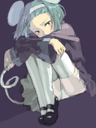 Rule 34 | 1girl, animal ears, black eyes, black footwear, blush, brave fencer musashiden, capelet, dress, dutch angle, female focus, fetal position, green hair, hairband, hugging own legs, jaggy lines, lowres, mary janes, mouse (animal), mouse ears, mouse tail, nanasyu, oekaki, panties, pantyshot, purple capelet, shoes, short hair, sitting, solo, source request, tail, thighhighs, topo (musashiden), underwear, white panties, white thighhighs