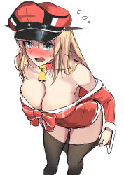 Rule 34 | 1girl, absurdres, adapted costume, bell, bismarck (kancolle), black thighhighs, blonde hair, blue eyes, blush, bow, breasts, christmas, cleavage, collar, dress, flying sweatdrops, hair between eyes, hat, highres, kantai collection, large breasts, long hair, long sleeves, looking at viewer, neck bell, nose blush, open mouth, peaked cap, red bow, red collar, red dress, red hat, santa costume, santa hat, simple background, sing152, solo, thighhighs, white background