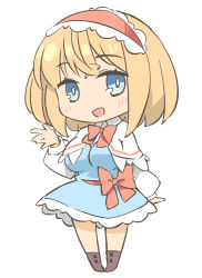 Rule 34 | 1girl, alice margatroid, arnest, blonde hair, blue dress, blue eyes, blush, boots, bow, bowtie, breasts, bright pupils, brown footwear, capelet, chibi, dress, frilled hairband, frills, full body, hairband, hand up, long sleeves, looking at viewer, medium breasts, open mouth, red bow, red bowtie, red hairband, shirt, short hair, simple background, smile, solo, touhou, white background, white capelet, white shirt