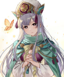 Rule 34 | 1girl, blush, breasts, bug, butterfly, cape, cleavage, closed mouth, dress, emblem, fire emblem, fire emblem: genealogy of the holy war, fire emblem heroes, green cape, green hat, haru (nakajou-28), hat, highres, insect, jewelry, julia (fire emblem), light particles, light purple hair, lips, long hair, medium breasts, nintendo, official alternate costume, orange butterfly, own hands together, pink lips, purple eyes, sidelocks, simple background, smile, solo, upper body, white background, white dress, wide sleeves, yellow neckwear
