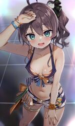 Rule 34 | 1girl, :d, absurdres, ahoge, aqua eyes, ayaoshiro, bikini, black ribbon, bracelet, breasts, collarbone, fingernails, hair ribbon, hand on own thigh, hand up, highres, hololive, jewelry, looking at viewer, medium breasts, nail polish, natsuiro matsuri, navel, open fly, open mouth, ribbon, side ponytail, smile, standing, striped bikini, striped clothes, striped ribbon, sweat, swimsuit, teeth, virtual youtuber