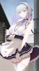 Rule 34 | 1girl, anchor choker, anchor necklace, apron, azur lane, bad id, bad pixiv id, black hairband, blue sky, blush, breasts, center frills, choker, clothing cutout, commentary request, dido (azur lane), dress, earrings, frilled apron, frilled choker, frills, hairband, hands on own breasts, heart, heart earrings, highres, jewelry, lace-trimmed hairband, lace trim, large breasts, long hair, looking at viewer, maid, maid apron, necklace, outdoors, pale skin, purple eyes, ru zhai, shirt, sideboob, silver hair, sky, sleeveless, sleeveless shirt, smile, solo, thighhighs, thighs, underboob, underboob cutout, waist apron, white apron, wrist cuffs