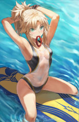 Rule 34 | 1girl, armpits, arms behind head, arms up, bare shoulders, black one-piece swimsuit, blonde hair, braid, breasts, collarbone, covered navel, fate/apocrypha, fate/grand order, fate (series), female focus, french braid, green eyes, highleg, highleg swimsuit, highres, long hair, looking at viewer, mordred (fate), mordred (fate/apocrypha), mouth hold, one-piece swimsuit, parted bangs, ponytail, prydwen (fate), sidelocks, sitting, small breasts, smile, solo, surfboard, swimsuit, thighs, tonee, two-tone swimsuit, tying hair, water, wet, white one-piece swimsuit