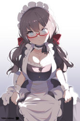 Rule 34 | 1girl, apron, azur lane, bad id, bad pixiv id, black hair, blue eyes, bow, breasts, cleavage, commentary request, dress, glasgow (azur lane), graphite (medium), hair bow, highres, large breasts, long hair, looking at viewer, low twintails, maid, maid apron, maid headdress, neck garter, puffy short sleeves, puffy sleeves, red-framed eyewear, red bow, semi-rimless eyewear, short sleeves, traditional media, twintails, twitter username, unimon e, watermark, wrist cuffs