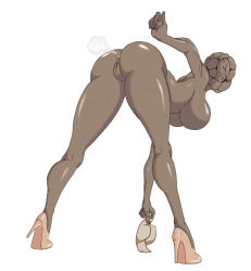 Rule 34 | 1girl, anus, arched back, ass, bent over, breasts, dark-skinned female, dark skin, fart, father dimitry, female focus, hat, high heels, large breasts, looking back, monster girl, no nipples, nude, nurse, nurse (silent hill), pussy, silent hill, simple background, solo, uncensored, veins, veiny breasts