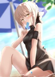 Rule 34 | 1girl, artoria pendragon (all), artoria pendragon (alter swimsuit rider) (first ascension) (fate), artoria pendragon (fate), beach, between legs, black bow, black one-piece swimsuit, blonde hair, blurry, blush, bow, braid, breasts, day, depth of field, dutch angle, eating, fate/grand order, fate/stay night, fate (series), food, french braid, hair between eyes, hair bow, halterneck, hand between legs, highres, horizon, looking at viewer, maosame, ocean, official alternate costume, one-piece swimsuit, outdoors, partially submerged, popsicle, saber (fate), saber alter, sidelocks, sitting, small breasts, solo, swimsuit, yellow eyes