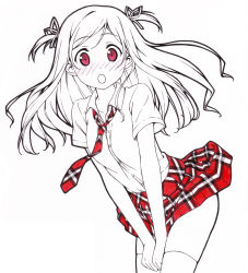 Rule 34 | 1girl, :o, absurdres, blush, clothes lift, covering crotch, covering privates, embarrassed, face, highres, kantoku, kurumi (kantoku), long hair, miniskirt, monochrome, necktie, nose blush, original, plaid, plaid necktie, plaid neckwear, plaid skirt, pleated skirt, red eyes, red skirt, simple background, skirt, skirt lift, solo, spot color, thighhighs, wind