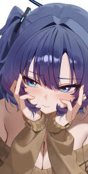 1girl absurdres alternate_costume black_halo blue_archive blue_eyes blue_hair blush breasts brown_sweater cleavage close-up closed_mouth commentary fingernails hair_intakes halo hands_on_own_cheeks hands_on_own_face highres large_breasts long_hair mcbox off-shoulder_sweater off_shoulder red_pupils simple_background solo sweater two_side_up white_background yuuka_(blue_archive)