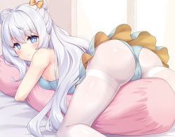 Rule 34 | + +, 1girl, ass, azur lane, blue eyes, blue leotard, blush, breasts, double bun, frilled leotard, frills, hair bun, hair ribbon, le malin (azur lane), leotard, long hair, looking at viewer, looking back, hugging object, pantyhose, pillow, pillow hug, ribbon, small breasts, solo, thighband pantyhose, thighs, white hair, white pantyhose, yamasan