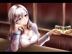 Rule 34 | 1girl, artist request, azur lane, breasts, butterfly hair ornament, cleavage, cup, dress, dunkerque (afternoon venus) (azur lane), dunkerque (afternoon venus) (azur lane), dunkerque (azur lane), grey hair, hair ornament, highres, holding, holding cup, jewelry, long hair, medium breasts, necklace, red eyes, solo, white dress