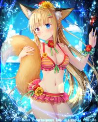 Rule 34 | 1girl, animal ears, blue eyes, blush, breasts, cleavage, closed mouth, crab, falkyrie no monshou, flower, fox ears, fox tail, hair flower, hair ornament, heterochromia, large breasts, looking at viewer, natsumekinoko, navel, official art, red eyes, solo, sunflower, sunflower hair ornament, sweatdrop, swimsuit, tail