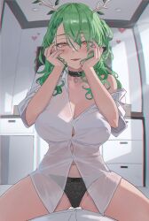 Rule 34 | 1boy, 1girl, antlers, archinoer, black panties, blush, braid, braided bangs, breasts, ceres fauna, choker, cleavage, green hair, green nails, heart, heart-shaped pupils, highres, hololive, hololive english, horns, lace, lace-trimmed panties, lace trim, large breasts, long hair, looking at viewer, mole, mole under eye, open mouth, panties, pov, smile, symbol-shaped pupils, underwear, virtual youtuber, yellow eyes