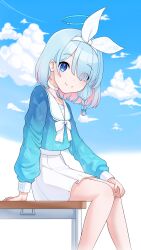 Rule 34 | 1girl, absurdres, arona (blue archive), blue archive, blue eyes, blue hair, blue shirt, blue sky, blush, bow, braid, closed mouth, cloud, day, desk, full body, hair ornament, hair over one eye, hair ribbon, hands on own knees, highres, long sleeves, looking at viewer, multicolored hair, neckerchief, on desk, open mouth, outdoors, pleated skirt, ribbon, sailor collar, school desk, school uniform, serafuku, shirt, sitting, on desk, skirt, sky, smile, solo, sparkle, split mouth, white bow, white footwear, white sailor collar, white shirt, white skirt, yamggu
