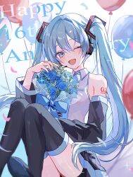 Rule 34 | 1girl, balloon, black skirt, black sleeves, black thighhighs, blue eyes, blue flower, blue hair, blue necktie, blue rose, blush, boots, bouquet, collared shirt, commentary request, detached sleeves, flower, hair between eyes, happy birthday, haruta 333 x, hatsune miku, headphones, headset, highres, holding, holding bouquet, long hair, looking at viewer, milestone celebration, necktie, one eye closed, open mouth, pleated skirt, rose, shirt, sitting, skirt, sleeveless, sleeveless shirt, smile, solo, tattoo, thigh boots, thighhighs, twintails, very long hair, vocaloid