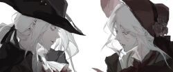 Rule 34 | 2girls, bloodborne, bonnet, colored skin, flower, hat, highres, jiao chang, lady maria of the astral clocktower, multiple girls, plain doll, ponytail, portrait, rose, simple background, tricorne, white background, white eyes, white hair, white skin