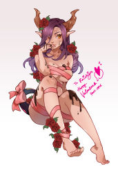 Rule 34 | 1girl, absurdres, borrowed character, bow, breasts, chocolate, chocolate on body, chocolate on breasts, commentary, demon girl, english commentary, finger to mouth, flower, food on body, full body, hair flower, hair ornament, happy valentine, highres, horns, invisible chair, ippus, long hair, medium breasts, mole, mole on breast, naked ribbon, original, pink bow, pink ribbon, pointy ears, purple hair, red flower, red rose, ribbon, rose, scales, sitting, skindentation, solo, tail, tail bow, tail ornament, toes, underboob, white background, yellow eyes