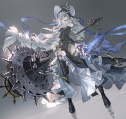 Rule 34 | 1girl, absurdres, arknights, black dress, black pantyhose, black thighhighs, boots, circular saw, detached sleeves, dress, dutch angle, full body, hat, highres, holding, holding weapon, huge weapon, long hair, long sleeves, looking ahead, low-tied long hair, open mouth, pantyhose, pelvic curtain, red eyes, saw, sharp teeth, solo, specter (arknights), specter the unchained (arknights), standing, suyama kara, teeth, thighhighs, thighhighs over pantyhose, tricorne, very long hair, weapon, white hair