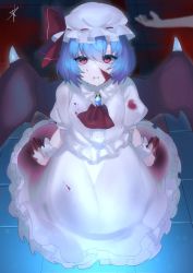 Rule 34 | 1girl, 1other, ascot, bat wings, blood, blood on face, blood on hands, blue hair, blurry, blurry background, bow, breasts, brooch, center frills, depth of field, dress, expressionless, eyebrows hidden by hair, fangs, frills, from above, full body, hair between eyes, hat, hat bow, highres, jewelry, looking at viewer, majime joe, mob cap, parted lips, petticoat, puffy short sleeves, puffy sleeves, red bow, red eyes, remilia scarlet, seiza, short hair, short sleeves, signature, sitting, small breasts, tile floor, tiles, touhou, vampire, white dress, white headwear, wings, wrist cuffs