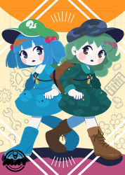 Rule 34 | 2girls, absurdres, backpack, bag, blue hair, blue headwear, blue jacket, blue skirt, boots, commentary request, flat cap, full body, green hair, green headwear, green jacket, green skirt, hat, highres, jacket, jewelry, kawashiro nitori, key, key necklace, maaru (akira428), medium hair, multiple girls, necklace, open mouth, rubber boots, skirt, touhou, two side up, yamashiro takane