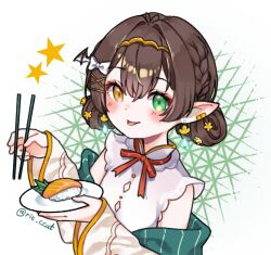 Rule 34 | black hair, blush, bow, bowtie, braid, chopsticks, detached sleeves, food, hair ornament, highres, hojo studio, holding, holding chopsticks, holding plate, looking at viewer, monochrome, plate, pointy ears, red ribbon, ribbon, rie ccat, side braid, sim chan, star (symbol), sushi, tongue, tongue out, virtual youtuber, white bow, white bowtie