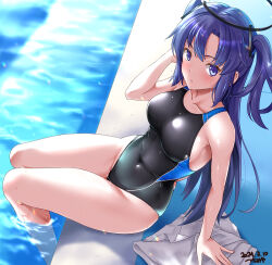 Rule 34 | 1girl, artist name, black one-piece swimsuit, blue archive, blush, breasts, collarbone, competition swimsuit, covered navel, dated, hair between eyes, halo, long hair, looking at viewer, mechanical halo, medium breasts, one-piece swimsuit, poolside, purple eyes, purple hair, sitting, solo, swimsuit, towel, tsuchimiya, two-tone swimsuit, water, yuuka (blue archive)