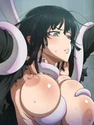 Rule 34 | 1girl, armpits, black dress, black hair, blush, grabbing another&#039;s breast, breasts, don (rg06268), dress, female focus, fubuki (one-punch man), grabbing, green eyes, highres, huge breasts, ice place, long sleeves, looking away, nipples, no bra, one-punch man, parted lips, rape, short hair, simple background, solo focus, sweat, tentacles, torn clothes, upper body