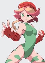 Rule 34 | 1girl, alternate costume, amanda o&#039;neill, armpit peek, bare shoulders, beret, bodypaint, braid, breasts, cammy white, cammy white (cosplay), clenched hand, commentary request, cosplay, fighting stance, fingerless gloves, gloves, green eyes, green leotard, hat, highres, leotard, little witch academia, outstretched hand, popopo, short hair, small breasts, solo, street fighter, thighs