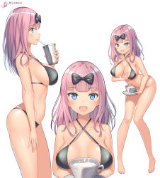 Rule 34 | 1girl, absurdres, bikini, black bikini, blue eyes, blunt bangs, bow, breast milk, breasts, chinese commentary, collarbone, commentary request, cup, drinking, drinking straw, fujiwara chika, full body, grabbing own breast, hair bow, highres, kaguya-sama wa kokurasetai ~tensai-tachi no renai zunousen~, large breasts, long hair, looking at viewer, milk, multiple views, open mouth, pink hair, simple background, skindentation, smile, suggestive breast milk, suggestive fluid, suggestive lactation, swimsuit, tray, white background, xiaoxi0619