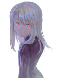 Rule 34 | 1girl, 64kawa4, fate/stay night, fate (series), highres, illyasviel von einzbern, light smile, long hair, looking at viewer, purple shirt, red eyes, shirt, simple background, sketch, solo, upper body, white background, white hair